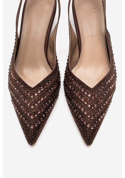 Luvishoes Royale Kahverengi Saten Taşlı Kadın Kısa Topuklu Abiye Ayakkabı