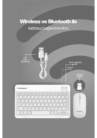 Tablet Ve Telefonlar İçin Bluetooth - Wireless Klavye Ve Mouse Set - Beyaz Diğer