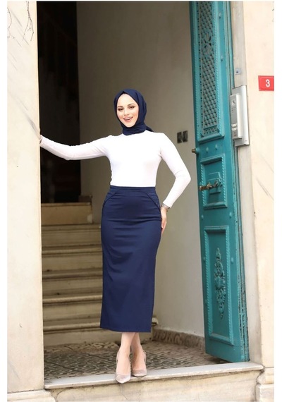 Kumaş Kalem Etek Lacivert Çok Renkli