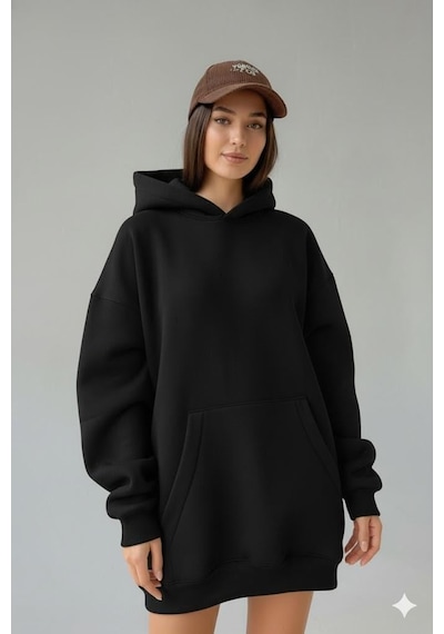 Afri Kadın Oversize Siyah Sweatshirt 3 İplik Şardonlu Kapüşonlu Cepli Rahat Kalıp Siyah