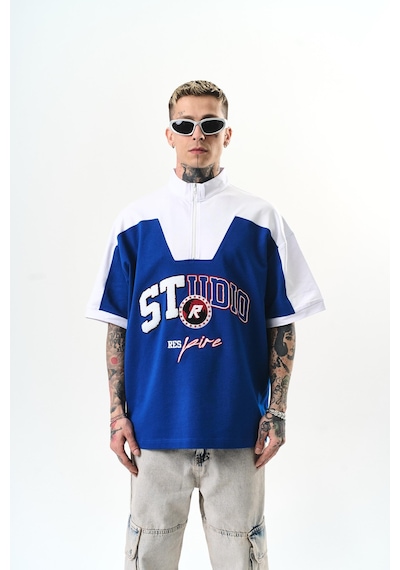 Respire Erkek Studio Nakışlı Yarım Fermuarlı Oversize T-shirt Saks