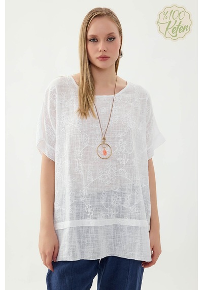 Vitrin %100 Keten Çiçekli Oversize Bluz BEYAZ