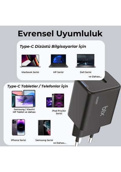 Bix BX1P65G GaN 65W Led Göstergeli Hızlı Şarj Cihazı Siyah