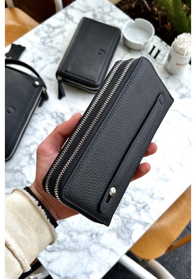 Tigan Unisex Siyah Çift Fermuarlı Hakiki Deri Telefon Cüzdanı El Çantası Siyah