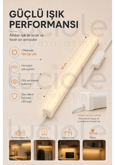 220v Amber Led Bar 50 Cm Fişli Anahtarlı Yapışkanlı Tezgah Altı Dolap İçi Aydınlatma