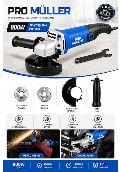 Pro Müller Powerfull Ml-900w Çelik Şanzıman 6 Kademe Devir Ayarlı Orta Boy Taşlama Ve Kesim Makinesi