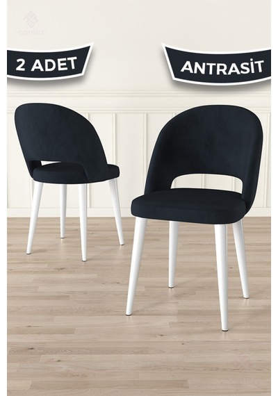 Canisa Pane Serisi 2 Adet Antrasit Mutfak Sandalyesi Babyface Kumaş Beyaz Ayak Antrasit Sandalye Beyaz Ayak
