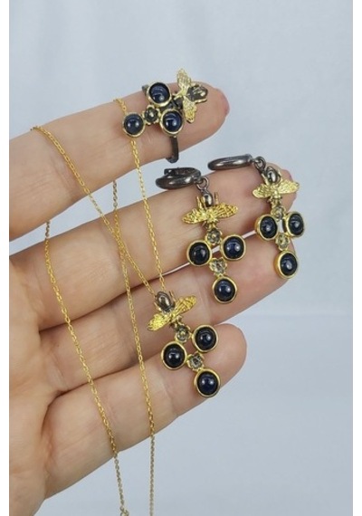 925 Ayar Safir Taşlı 3 Lü Gümüş Set