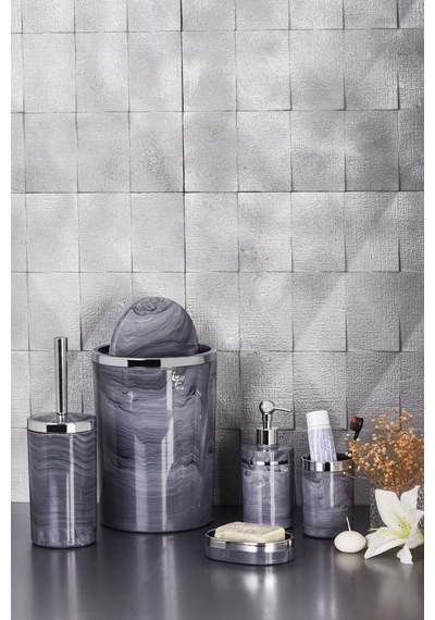 İmera Akrilik Yuvarlak Banyo Seti Antrasit Gri Mermer Desen Gümüş