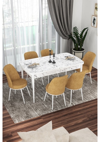 Canisa Concept Kor Serisi 70x114 Açılabilir Mutfak Masası Takımı Beyaz Mermer Desen Masa 6 Cappucino Sandalye Masa Beyaz Mermer Desen Sandalyeler Cappucino