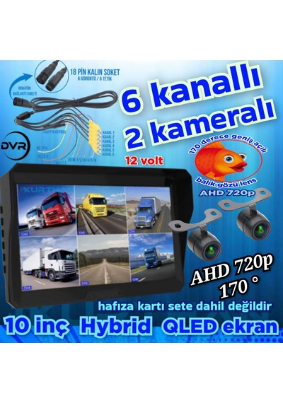 2 Adet Ledsiz Ahd 720p Balık Gözü Kelebek Kamera 6 Kanallı Qled 10'' Dvr Monitör 12 V 256 Gb