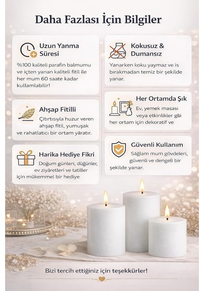 3'lü Silindir Blok Mum Seti, Beyaz Dekoratif Sütun Mumlar, İçten Yanan Fitil, 7 Cm Çap, 7,10,15 Cm Yükseklik, Ev D Diğer
