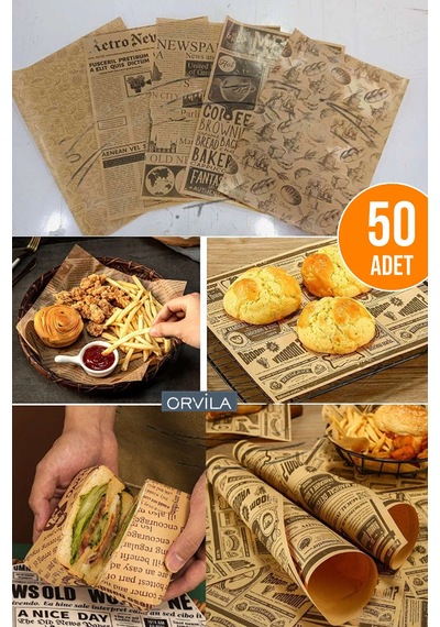 Vintage Desen Sunum Kağıdı 50'li Retro Gazete Görünüm Hamburger Sarma Ve Servis Kağıtları