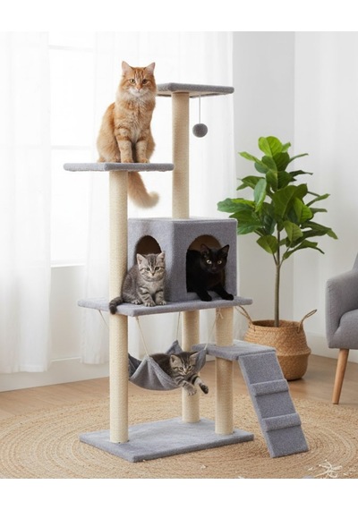 Reyo Pet B-07 Hamaklı Yuvalı Lüx Kedi Tırmalama Oyun Evi Gri