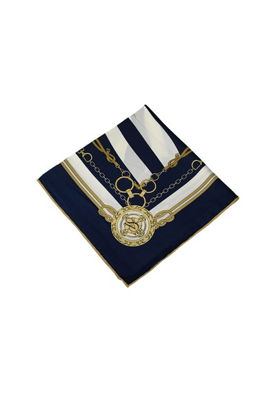 Mim Eşarp Vesi Eşarp Zincir Desenli Sport Twill Eşarp 120x120 Cm Lacivert - Beyaz - Gold