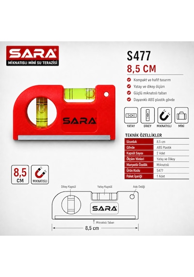 Sara S477 Mıknatıslı Mini Su Terazisi 8,5 Cm, 2 Kapsüllü, Abs Plastik Gövde