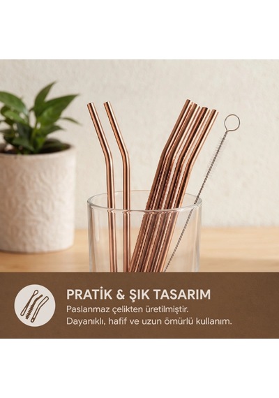 6'lı Kaşıklı Pipet Seti - Bronz - Pipet Temizleme Fırçası Açık Gri