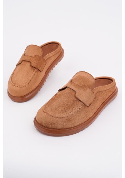 Muggo Vintage Süet Deri Günlük Rahat Önü Kapalı Kadın Loafer Terlik Taba