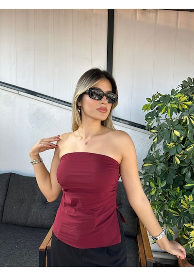 Yanı Yırtmaç Detaylı Straplez Bluz Bordo
