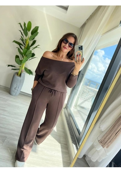 Valensdesign Kadın Uzun Kollu Tek Omuzdan Açık Modal Bluz Ve Pantolon Ikili Takım Kahve