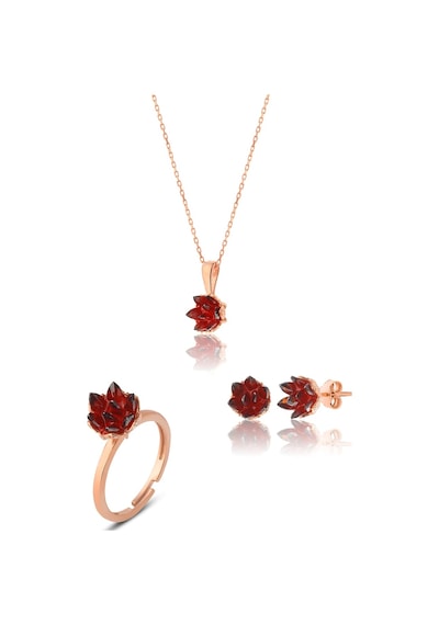 Zanaatsilver 925 Ayar Gümüş Garnet Taşlı Rose Kaplama Lotus Çiçeği Takım & Set