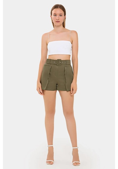 Hiccup Cebi Ve Kuşak Detaylı Pamuk Yüksek Bel Şort Haki