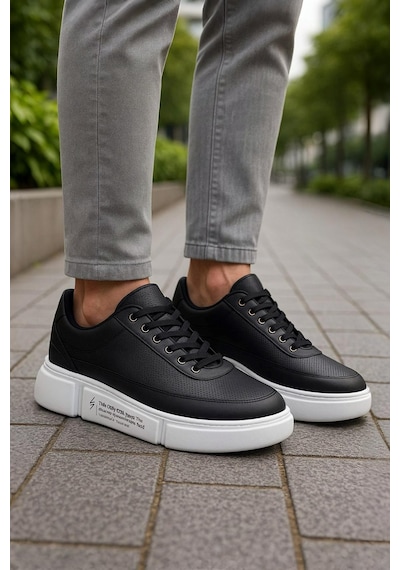 Günlük Erkek Spor Ayakkabı Bağcıklı Dikiş Detaylı Hafif Kalın Yüksek Taban Sneaker Mc06 Siyah Beyaz