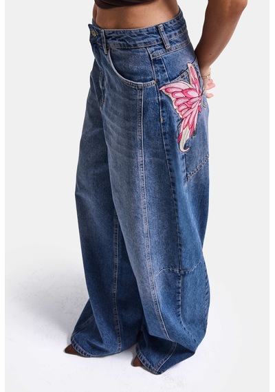 Kadın Koyu Mavi 2w6-1 Mega Barrel Fit Nakış Özel Tasarım Denim Jean