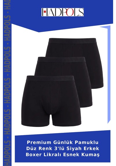 Hadpols Premium Günlük Pamuklu Düz Renk 3'lü Siyah Erkek Boxer Likralı Esnek Kumaş