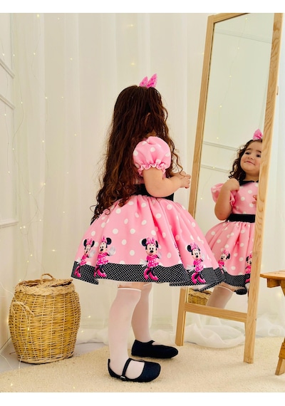 H L Y Karol Tasarım Pembe Mickey Mouse Vintage Kız Bebek Elbise,doğum Günü Elbise,fotoğraf Çekim Elbise,0-12 Yaş Uygun Pembe