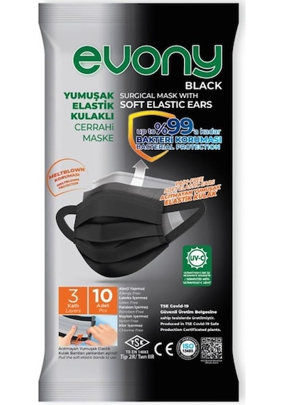 Evony Siyah Yumuşak Elastik Kulaklı Cerrahi Maske 10'Lu