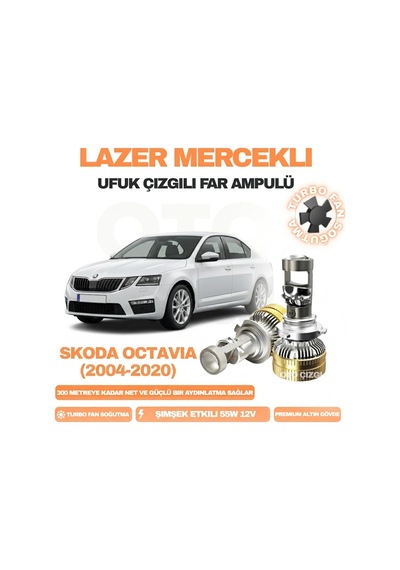 Skoda Octavia 2004 - 2020 Kısa Far Uyumlu Mercek Led Ufuk Çizgili Far Ampulü Led Şimşek Etkili