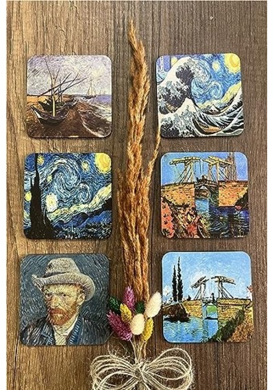 Van Gogh Temalı Ahşap Bardak Altlığı Ahşap Baskılı Altlık 6'lı Set 9 X9cm Genel