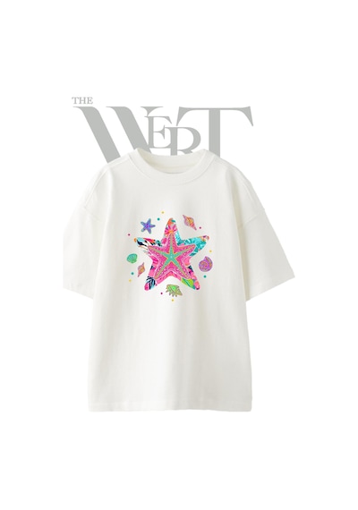 Thewert Tropical Deniz Yildizi Tasarım Baskılı Ünisex Beyaz Oversize T-shirt