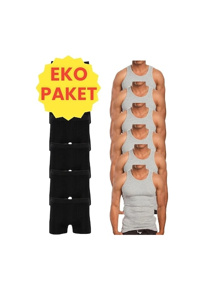 Mood Agenda Erkek Eko Set 6 Adet Atlet 6 Adet Boxer Gri Siyah Gri - Siyah