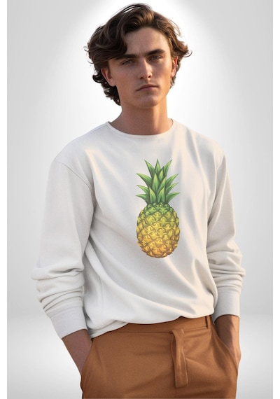 Ananas Meyve Unisex Beyaz Baskılı Sweatshirt Beyaz
