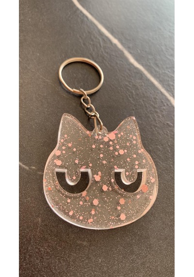 Epoksi İçinde Pembe Glitterli Gümüş Aksesuar Kedi Yüzü Anahtarlık