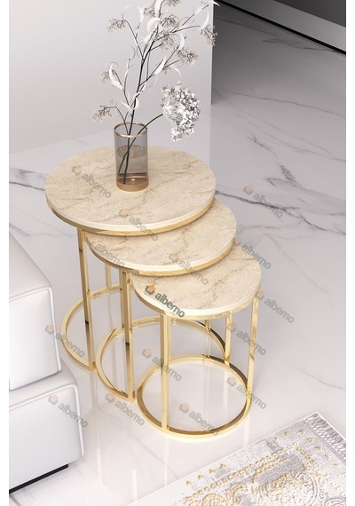 Usta Mekan Gold Metal Traverten Mermer Desen Ahşap Tablalı 3 Lü Zigon Sehpa Altın