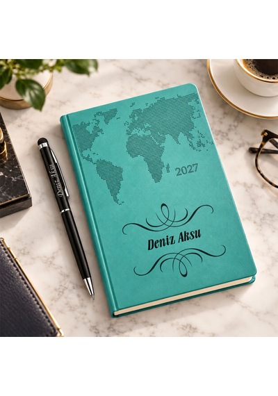 Bk Gift Kişiye Özel 378 Termo Deri Tarihli Ajanda & Siyah Touch Pen Tükenmez Kalem-1 Turkuaz