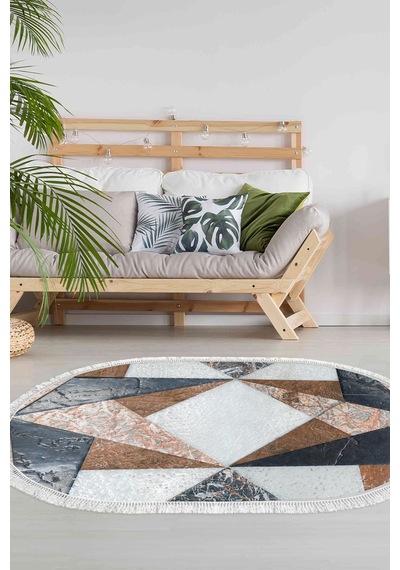 Alanur Home Kaymaz Dijital Mutfak & Salon Halı Star Pamuk Saçaklı Oval Geometrik E5028 Renkli