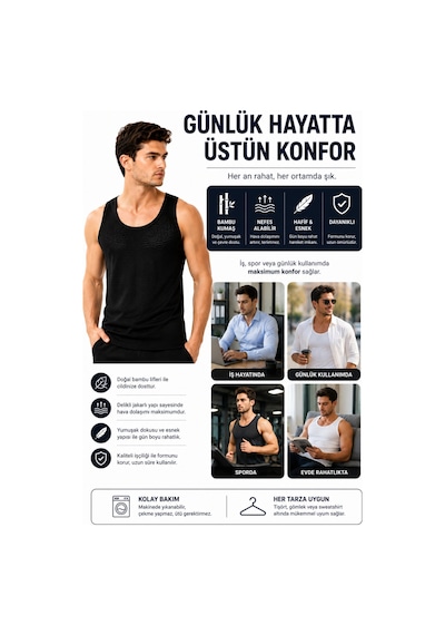 Westicgiyim Erkek Bambu Atlet %96 Bambu Delikli Jakarlı Nefes Alabilen Esnek Günlük Atlet Gri