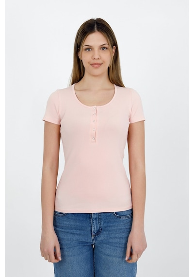 Hdm Kadın Esnek Fitilli Yakası Çıtçıtlı Pembe Kısa Kol Basic Örme Bluz - H5993