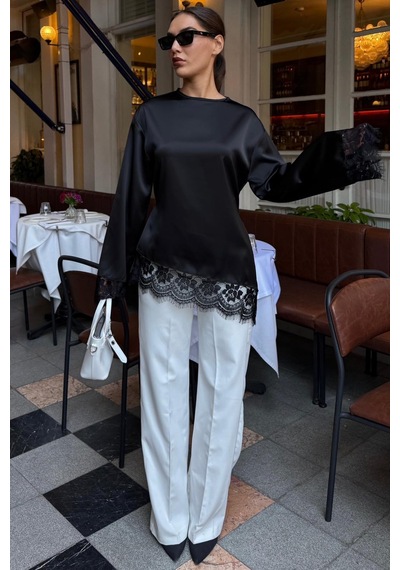 Madmext Siyah Asimetrik Dantelli Uzun Kollu Saten Bluz Mg2799