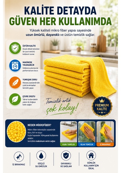 Sarı 3'lü Mikrofiber Temizlik Bezi 35x35 Cm Çok Amaçlı Mutfak Cam Banyo Silme Ve Kurulama Bezi