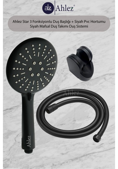 Ahlez Star Siyah 3F Duş Başlığı + Siyah Pvc Hortum + Siyah Mafsal Mat - Siyah