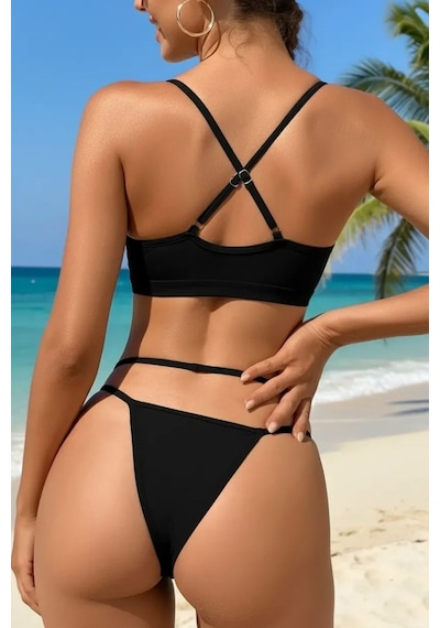 Siyah File Detaylı Şık Bikini Takımı Yüksek Bel Esnek Kumaş Yazlık Kadın Mayo Seti