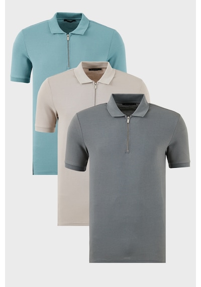 Buratti Pamuklu Regular Fit Yarım Fermuarlı 3'Lü Paket Erkek Polo Yaka T Shirt 5902915S3 Açık Haki-Mavi-Gri