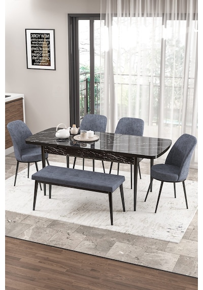 Canisa Concept Zen Serisi 80x132 Mdf Açılabilir Siyah Mermer Desen Masa Takımı 4 Füme Sandalye Ve 1 Bench Masa Siyah Mermer Sandalye Ve Bench Füme Canisa Concept Zen Serisi 80x132 Mdf Açılabilir Siyah Mermer Desen Masa Takımı 4 Füme Sandalye Ve 1 Bench Masa Siyah Mermer Sandalye Ve Bench Füme