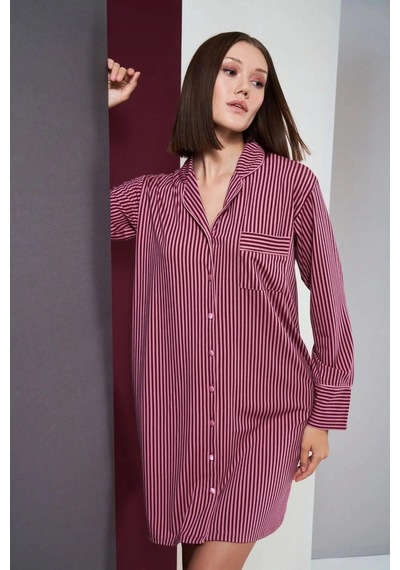 Ang Butik Kadın Pjs 26010 Önden Düğmeli Çizgili Gecelik Pembe