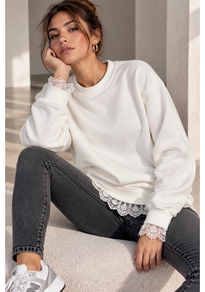 Bb Butik Basic Dantel Detaylı 3 İplik Şardonlu Kadın Sweatshirt My3535 beyaz